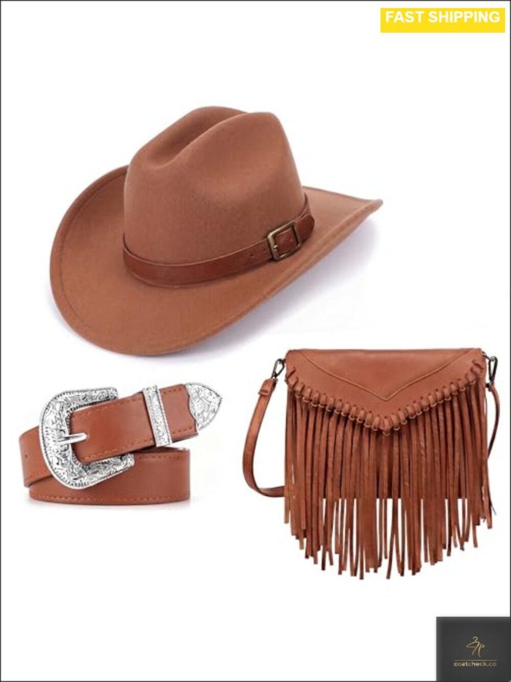 3 Pc Western Cowgirl Set Felt Hat Genuine Leather Belt Fringe Purse
